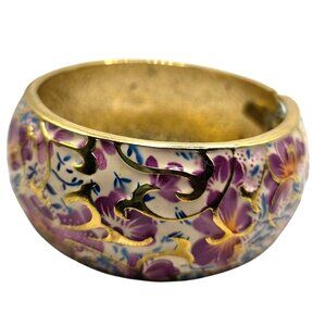 Vtg Gold-Tone Hinged Bangle Bracelet Purple Floral Enamel fairycore feminine
